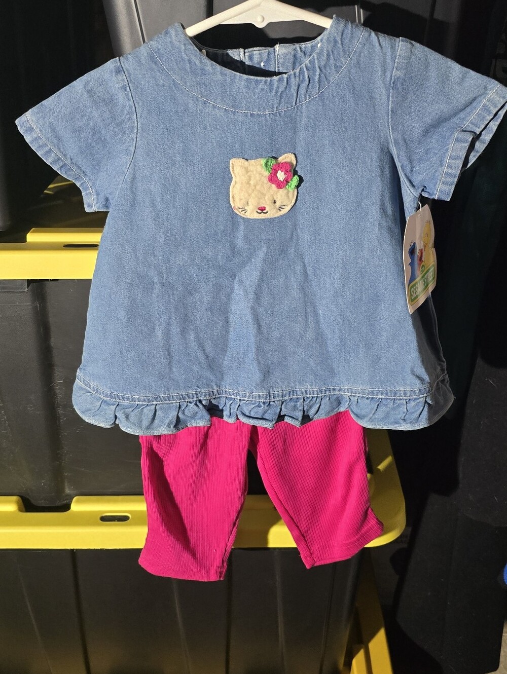 Sesame Street Denim Ruffle Top with Cat Applique and Bright Pink Leggings